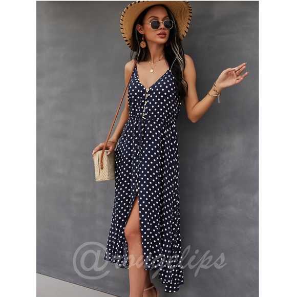 Navy Blue Polka Dot Midi Button Through Dress Flared V-Neck - Picture 6 of 9